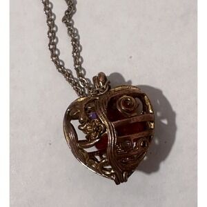 Gold Tone Heart Cage Pendant Necklace Red Crystal Glass Openwork Filigree